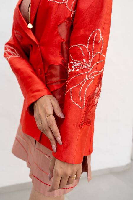 Chambray & CO. Red Chanderi Silk, Cotton Embroidery Shawl Neck, Collared Hand Dress Set Online at Aza Fashions Chambray & CO._Red Chanderi Silk, Cotton Embroidery Shawl Neck, Collared Hand Dress Set _Online_at_Aza_Fashions