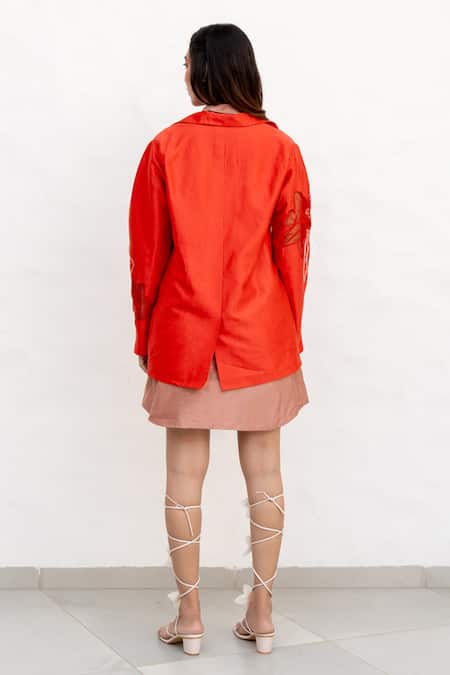 Shop Chambray & CO. Red Chanderi Silk, Cotton Embroidery Shawl Neck, Collared Hand Dress Set at Aza Fashions Shop_Chambray & CO._Red Chanderi Silk, Cotton Embroidery Shawl Neck, Collared Hand Dress Set _at_Aza_Fashions