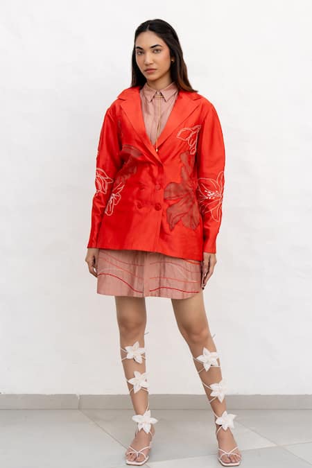 Chambray & CO. Red Chanderi Silk, Cotton Embroidery Shawl Neck, Collared Hand Dress Set 
