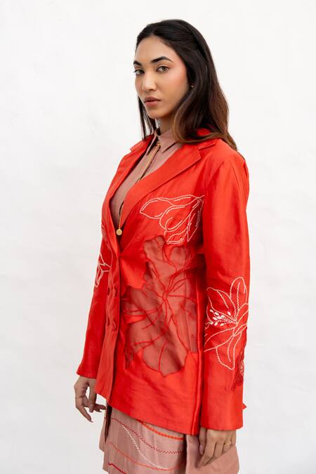 Chambray & CO. Red Chanderi Silk, Cotton Embroidery Shawl Neck, Collared Hand Dress Set at Aza Fashions Chambray & CO._Red Chanderi Silk, Cotton Embroidery Shawl Neck, Collared Hand Dress Set _at_Aza_Fashions