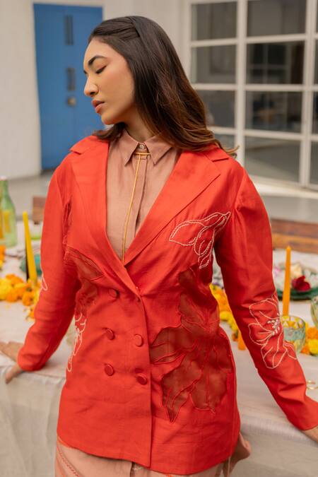 Buy Chambray & CO. Red Chanderi Silk, Cotton Embroidery Shawl Neck, Collared Hand Dress Set Buy_Chambray & CO._Red Chanderi Silk, Cotton Embroidery Shawl Neck, Collared Hand Dress Set