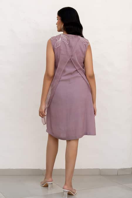 Shop Chambray & CO. Lilac Silk, Organza, Crepe Embroidery Round Neck Hand Overlay Dress at Aza Fashions Shop_Chambray & CO._Lilac Silk, Organza, Crepe Embroidery Round Neck Hand Overlay Dress _at_Aza_Fashions