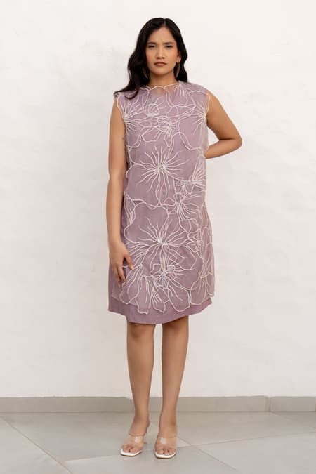 Chambray & CO. Lilac Silk, Organza, Crepe Embroidery Round Neck Hand Overlay Dress 