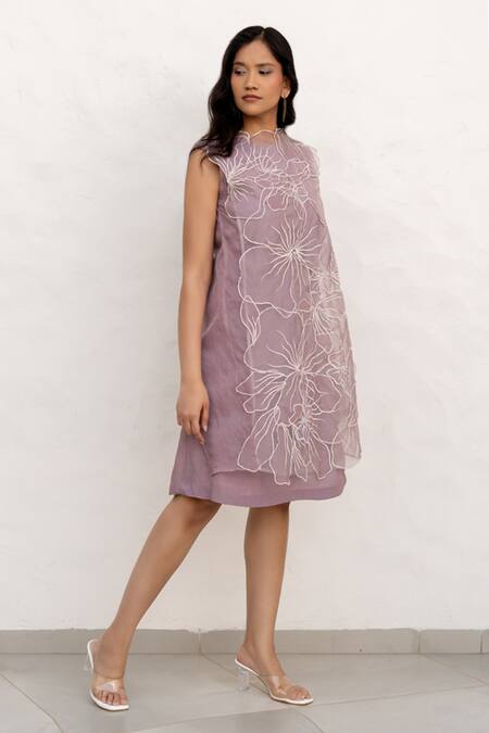 Chambray & CO. Lilac Silk, Organza, Crepe Embroidery Round Neck Hand Overlay Dress Online at Aza Fashions Chambray & CO._Lilac Silk, Organza, Crepe Embroidery Round Neck Hand Overlay Dress _Online_at_Aza_Fashions
