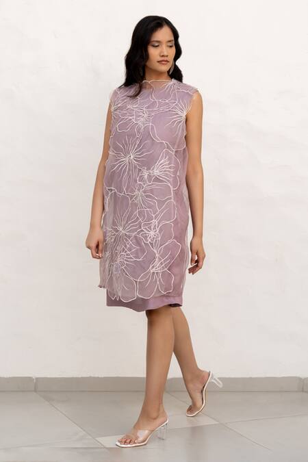 Buy Chambray & CO. Lilac Silk, Organza, Crepe Embroidery Round Neck Hand Overlay Dress Online at Aza Fashions Buy_Chambray & CO._Lilac Silk, Organza, Crepe Embroidery Round Neck Hand Overlay Dress _Online_at_Aza_Fashions