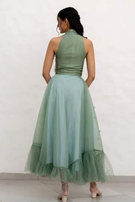 Shop Chambray & CO. Sapphire Chanderi Silk, Cotton, Net Embroidery V-neck Sage Green Hand Skirt Set at Aza Fashions Shop_Chambray & CO._Sapphire Chanderi Silk, Cotton, Net Embroidery V-neck Sage Green Hand Skirt Set _at_Aza_Fashions