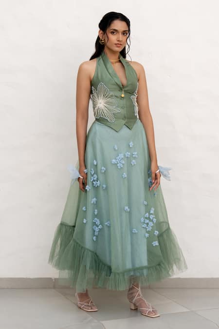 Chambray & CO. Sapphire Chanderi Silk, Cotton, Net Embroidery V-neck Sage Green Hand Skirt Set Online at Aza Fashions Chambray & CO._Sapphire Chanderi Silk, Cotton, Net Embroidery V-neck Sage Green Hand Skirt Set _Online_at_Aza_Fashions