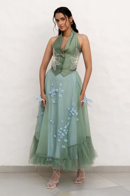 Buy Chambray & CO. Sapphire Chanderi Silk, Cotton, Net Embroidery V-neck Sage Green Hand Skirt Set Online at Aza Fashions Buy_Chambray & CO._Sapphire Chanderi Silk, Cotton, Net Embroidery V-neck Sage Green Hand Skirt Set _Online_at_Aza_Fashions