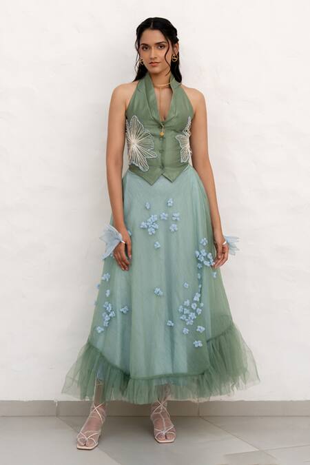 Shop Chambray & CO. Sapphire Chanderi Silk, Cotton, Net Embroidery V-neck Sage Green Hand Skirt Set Online at Aza Fashions Shop_Chambray & CO._Sapphire Chanderi Silk, Cotton, Net Embroidery V-neck Sage Green Hand Skirt Set _Online_at_Aza_Fashions