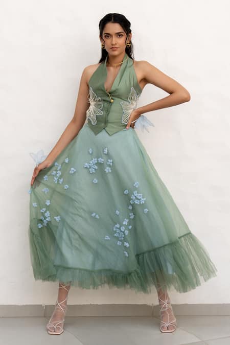 Chambray & CO. Sapphire Chanderi Silk, Cotton, Net Embroidery V-neck Sage Green Hand Skirt Set at Aza Fashions Chambray & CO._Sapphire Chanderi Silk, Cotton, Net Embroidery V-neck Sage Green Hand Skirt Set _at_Aza_Fashions