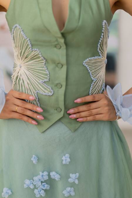 Buy Chambray & CO. Sapphire Chanderi Silk, Cotton, Net Embroidery V-neck Sage Green Hand Skirt Set Buy_Chambray & CO._Sapphire Chanderi Silk, Cotton, Net Embroidery V-neck Sage Green Hand Skirt Set