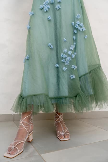 Shop Chambray & CO. Sapphire Chanderi Silk, Cotton, Net Embroidery V-neck Sage Green Hand Skirt Set Shop_Chambray & CO._Sapphire Chanderi Silk, Cotton, Net Embroidery V-neck Sage Green Hand Skirt Set