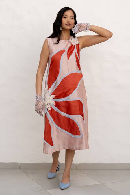 Buy_Chambray & CO._Peach Chanderi Silk, Cotton Applique Round Neck And Red Floral Dress _Online_at_Aza_Fashions