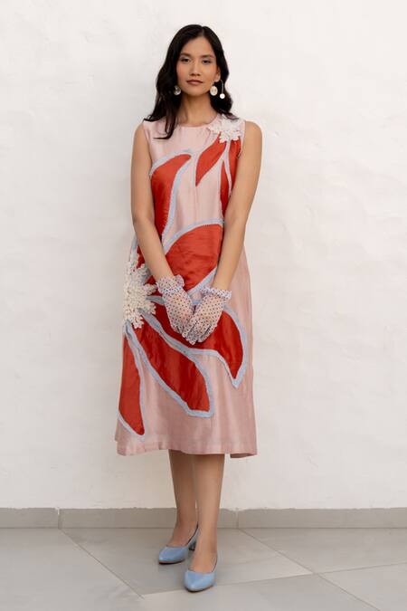 Shop_Chambray & CO._Peach Chanderi Silk, Cotton Applique Round Neck And Red Floral Dress _Online_at_Aza_Fashions