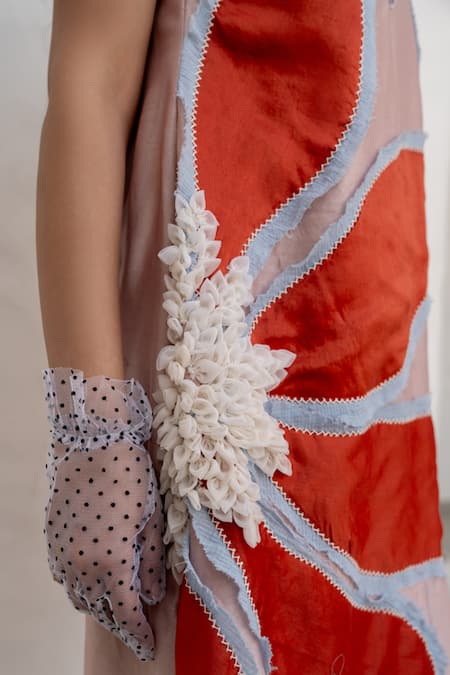 Chambray & CO._Peach Chanderi Silk, Cotton Applique Round Neck And Red Floral Dress _at_Aza_Fashions