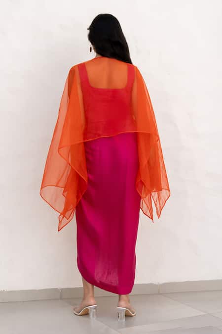 Shop Chambray & CO. Orange Organza, , Linen, Chanderi Embroidery, Pink And Kaftan Skirt Set at Aza Fashions Shop_Chambray & CO._Orange Organza, , Linen, Chanderi Embroidery, Pink And Kaftan Skirt Set _at_Aza_Fashions