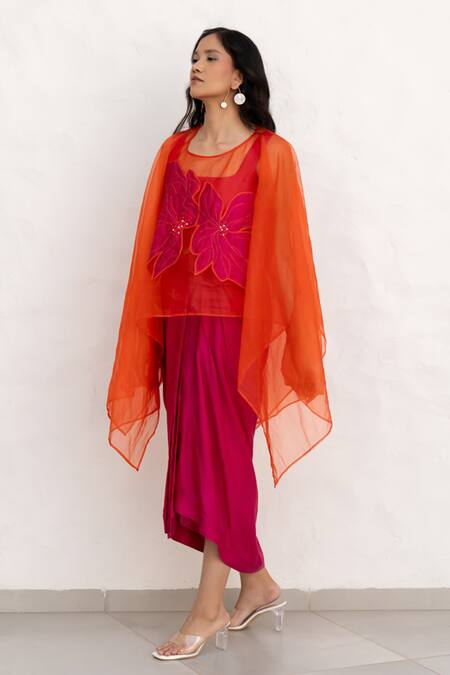 Chambray & CO. Orange Organza, , Linen, Chanderi Embroidery, Pink And Kaftan Skirt Set Online at Aza Fashions Chambray & CO._Orange Organza, , Linen, Chanderi Embroidery, Pink And Kaftan Skirt Set _Online_at_Aza_Fashions