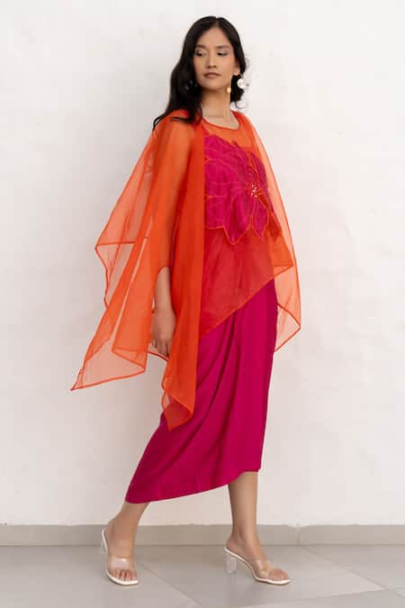 Buy Chambray & CO. Orange Organza, , Linen, Chanderi Embroidery, Pink And Kaftan Skirt Set Online at Aza Fashions Buy_Chambray & CO._Orange Organza, , Linen, Chanderi Embroidery, Pink And Kaftan Skirt Set _Online_at_Aza_Fashions