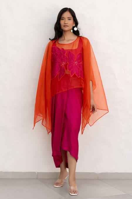 Shop Chambray & CO. Orange Organza, , Linen, Chanderi Embroidery, Pink And Kaftan Skirt Set Online at Aza Fashions Shop_Chambray & CO._Orange Organza, , Linen, Chanderi Embroidery, Pink And Kaftan Skirt Set _Online_at_Aza_Fashions