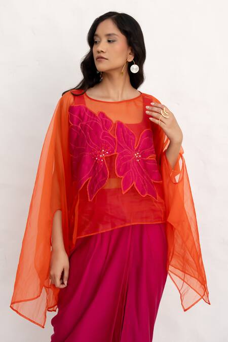 Chambray & CO. Orange Organza, , Linen, Chanderi Embroidery, Pink And Kaftan Skirt Set at Aza Fashions Chambray & CO._Orange Organza, , Linen, Chanderi Embroidery, Pink And Kaftan Skirt Set _at_Aza_Fashions