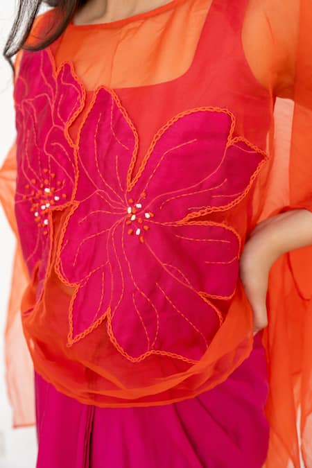 Buy Chambray & CO. Orange Organza, , Linen, Chanderi Embroidery, Pink And Kaftan Skirt Set Buy_Chambray & CO._Orange Organza, , Linen, Chanderi Embroidery, Pink And Kaftan Skirt Set