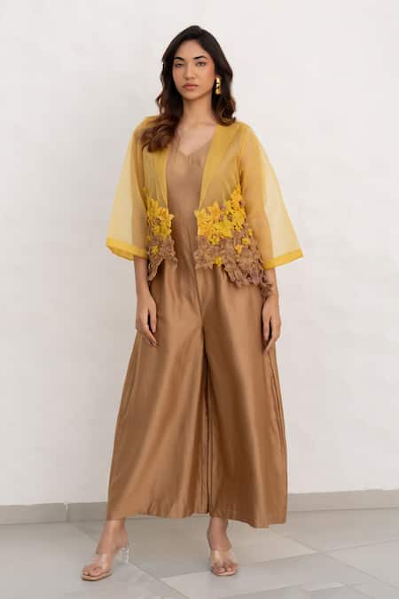 Chambray & Co. Brown & Yellow Hand Embroidered Jumpsuit Set 