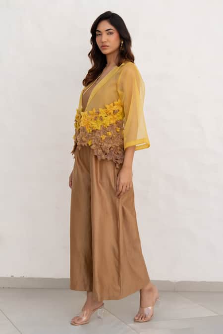 Chambray & CO._Yellow Chanderi , Organza Embroidery Open Brown And Hand Jumpsuit Set _Online_at_Aza_Fashions