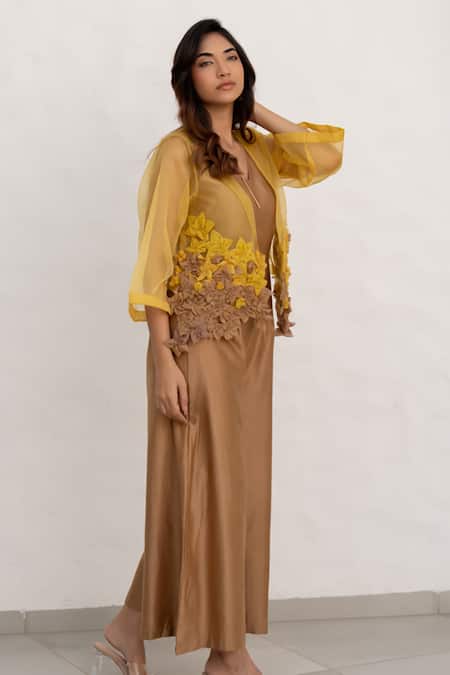 Buy_Chambray & CO._Yellow Chanderi , Organza Embroidery Open Brown And Hand Jumpsuit Set _Online_at_Aza_Fashions