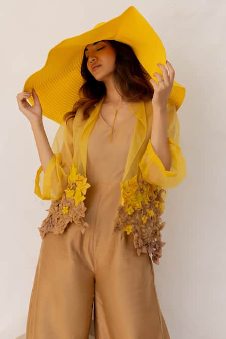 Shop_Chambray & CO._Yellow Chanderi , Organza Embroidery Open Brown And Hand Jumpsuit Set _Online_at_Aza_Fashions