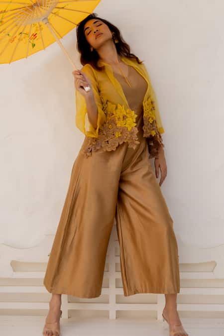 Chambray & CO._Yellow Chanderi , Organza Embroidery Open Brown And Hand Jumpsuit Set _at_Aza_Fashions
