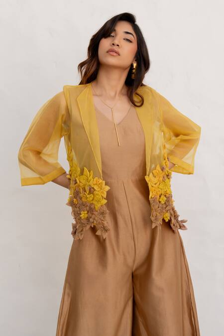 Buy_Chambray & CO._Yellow Chanderi , Organza Embroidery Open Brown And Hand Jumpsuit Set 