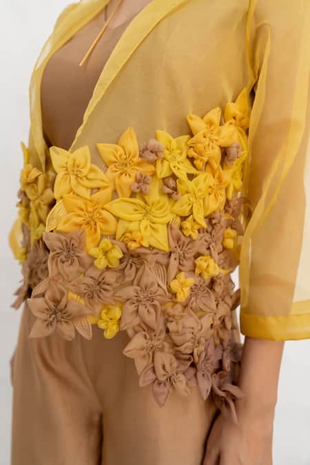 Shop_Chambray & CO._Yellow Chanderi , Organza Embroidery Open Brown And Hand Jumpsuit Set 