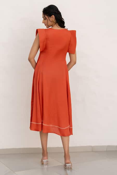 Shop Chambray & CO. Rust Silk, Linen Embroidery V-neck Hera Hand Dress at Aza Fashions Shop_Chambray & CO._Rust Silk, Linen Embroidery V-neck Hera Hand Dress _at_Aza_Fashions