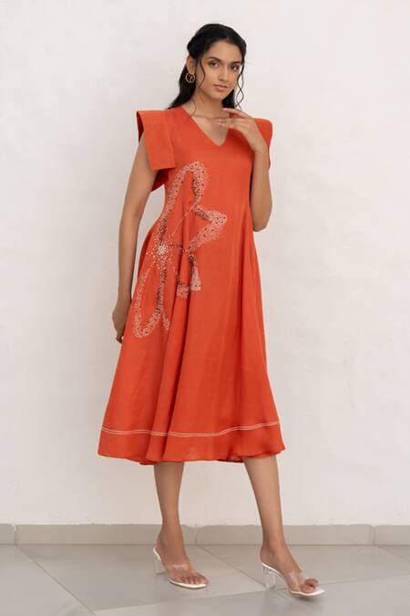 Chambray & CO. Rust Silk, Linen Embroidery V-neck Hera Hand Dress Online at Aza Fashions Chambray & CO._Rust Silk, Linen Embroidery V-neck Hera Hand Dress _Online_at_Aza_Fashions