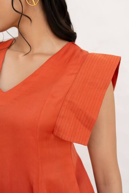 Buy Chambray & CO. Rust Silk, Linen Embroidery V-neck Hera Hand Dress Online at Aza Fashions Buy_Chambray & CO._Rust Silk, Linen Embroidery V-neck Hera Hand Dress _Online_at_Aza_Fashions