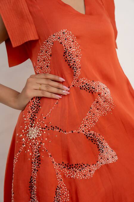 Shop Chambray & CO. Rust Silk, Linen Embroidery V-neck Hera Hand Dress Online at Aza Fashions Shop_Chambray & CO._Rust Silk, Linen Embroidery V-neck Hera Hand Dress _Online_at_Aza_Fashions