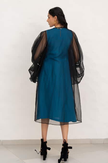 Shop Chambray & CO. Cobalt Linen, Organza, Embroidery Round Blue Hand Dress And Jacket at Aza Fashions Shop_Chambray & CO._Cobalt Linen, Organza, Embroidery Round Blue Hand Dress And Jacket _at_Aza_Fashions