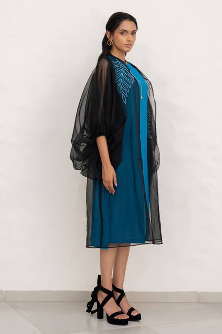 Chambray & CO. Cobalt Linen, Organza, Embroidery Round Blue Hand Dress And Jacket Online at Aza Fashions Chambray & CO._Cobalt Linen, Organza, Embroidery Round Blue Hand Dress And Jacket _Online_at_Aza_Fashions