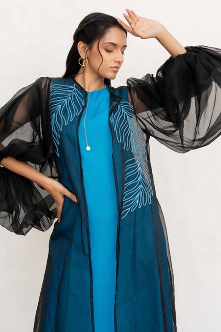 Buy Chambray & CO. Cobalt Linen, Organza, Embroidery Round Blue Hand Dress And Jacket Online at Aza Fashions Buy_Chambray & CO._Cobalt Linen, Organza, Embroidery Round Blue Hand Dress And Jacket _Online_at_Aza_Fashions