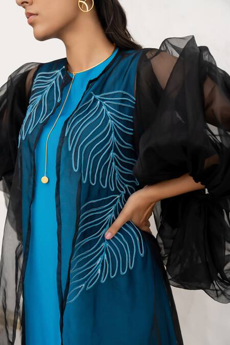 Shop Chambray & CO. Cobalt Linen, Organza, Embroidery Round Blue Hand Dress And Jacket Online at Aza Fashions Shop_Chambray & CO._Cobalt Linen, Organza, Embroidery Round Blue Hand Dress And Jacket _Online_at_Aza_Fashions