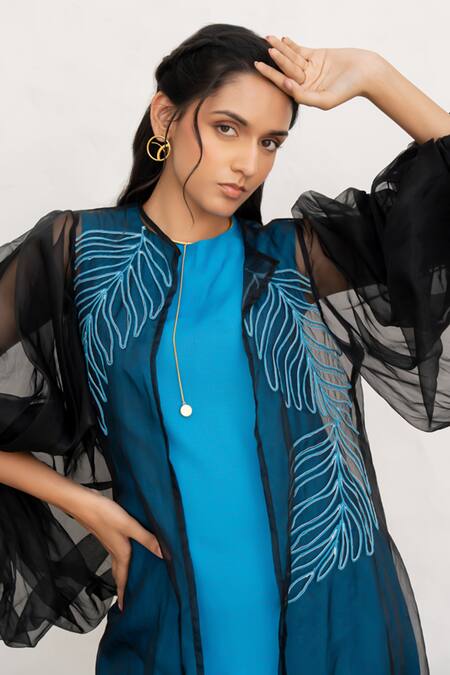 Chambray & CO. Cobalt Linen, Organza, Embroidery Round Blue Hand Dress And Jacket at Aza Fashions Chambray & CO._Cobalt Linen, Organza, Embroidery Round Blue Hand Dress And Jacket _at_Aza_Fashions