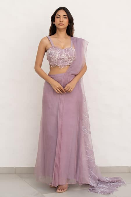 Chambray & Co. Lilac Hand Embroidered Pre-Draped Saree 