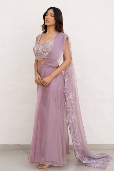 Buy Chambray & CO. Lilac Organza, Cotton, Silk Embroidery Sweetheart Neck Hand Pre-draped Saree Online at Aza Fashions Buy_Chambray & CO._Lilac Organza, Cotton, Silk Embroidery Sweetheart Neck Hand Pre-draped Saree _Online_at_Aza_Fashions