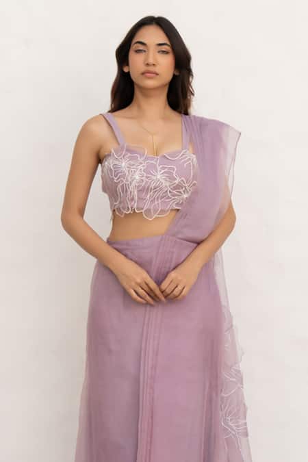 Shop Chambray & CO. Lilac Organza, Cotton, Silk Embroidery Sweetheart Neck Hand Pre-draped Saree Online at Aza Fashions Shop_Chambray & CO._Lilac Organza, Cotton, Silk Embroidery Sweetheart Neck Hand Pre-draped Saree _Online_at_Aza_Fashions