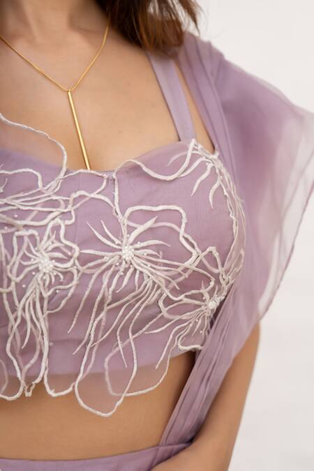 Shop Chambray & CO. Lilac Organza, Cotton, Silk Embroidery Sweetheart Neck Hand Pre-draped Saree Shop_Chambray & CO._Lilac Organza, Cotton, Silk Embroidery Sweetheart Neck Hand Pre-draped Saree