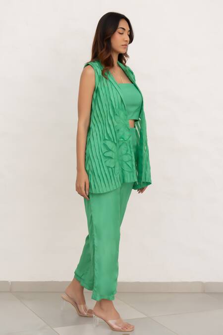 Chambray & CO. Green Silk, Organza, Cotton Embroidery Open Neck, Square Jade Habutai Pant Set Online at Aza Fashions Chambray & CO._Green Silk, Organza, Cotton Embroidery Open Neck, Square Jade Habutai Pant Set _Online_at_Aza_Fashions