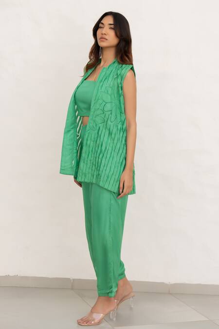 Shop Chambray & CO. Green Silk, Organza, Cotton Embroidery Open Neck, Square Jade Habutai Pant Set Online at Aza Fashions Shop_Chambray & CO._Green Silk, Organza, Cotton Embroidery Open Neck, Square Jade Habutai Pant Set _Online_at_Aza_Fashions