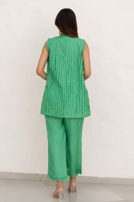 Shop Chambray & CO. Green Silk, Organza, Cotton Embroidery Open Neck, Square Jade Habutai Pant Set at Aza Fashions Shop_Chambray & CO._Green Silk, Organza, Cotton Embroidery Open Neck, Square Jade Habutai Pant Set _at_Aza_Fashions