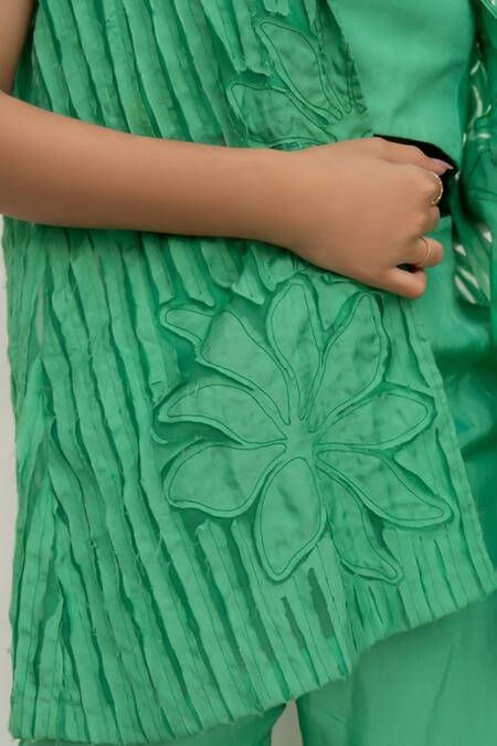 Shop Chambray & CO. Green Silk, Organza, Cotton Embroidery Open Neck, Square Jade Habutai Pant Set Shop_Chambray & CO._Green Silk, Organza, Cotton Embroidery Open Neck, Square Jade Habutai Pant Set