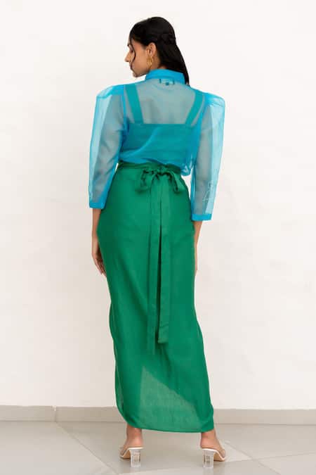 Shop Chambray & CO. Cobalt Organza, Silk, Linen Embroidery, Applique Leaf Green And Blue Skirt Set at Aza Fashions Shop_Chambray & CO._Cobalt Organza, Silk, Linen Embroidery, Applique Leaf Green And Blue Skirt Set _at_Aza_Fashions